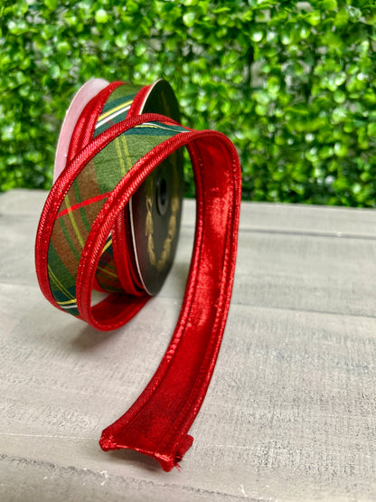 John Mark 1 Inch By 10 Yard Metallic Red Traditions Plaid Fused Backing Ribbon