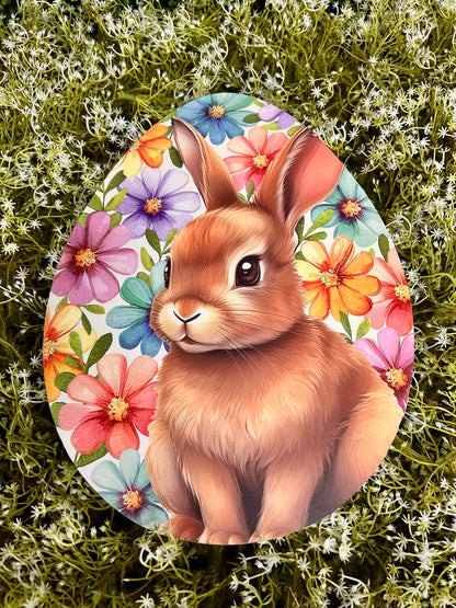 12 Inch Bunny With Flowers Egg Shaped Wood Sign