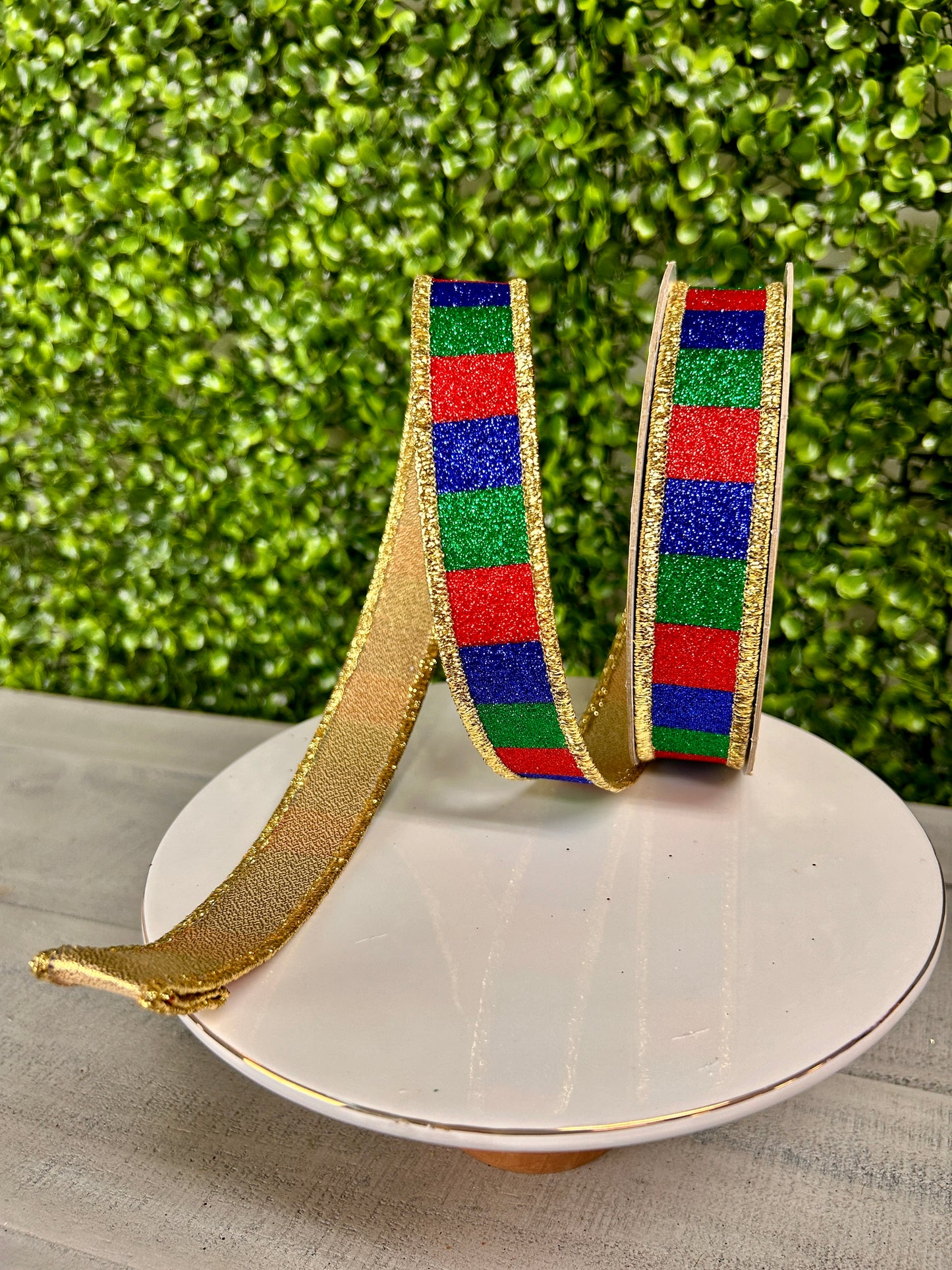 7/8 Inch By 10 Yard Red Emerald And Royal Blue Glitter Striped Fused Ribbon