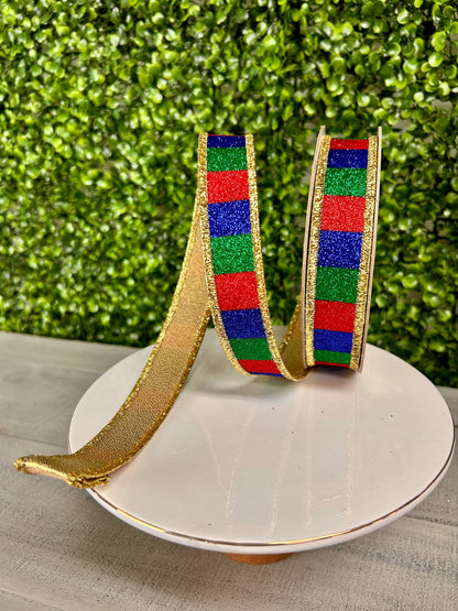 7/8 Inch By 10 Yard Red Emerald And Royal Blue Glitter Striped Fused Ribbon