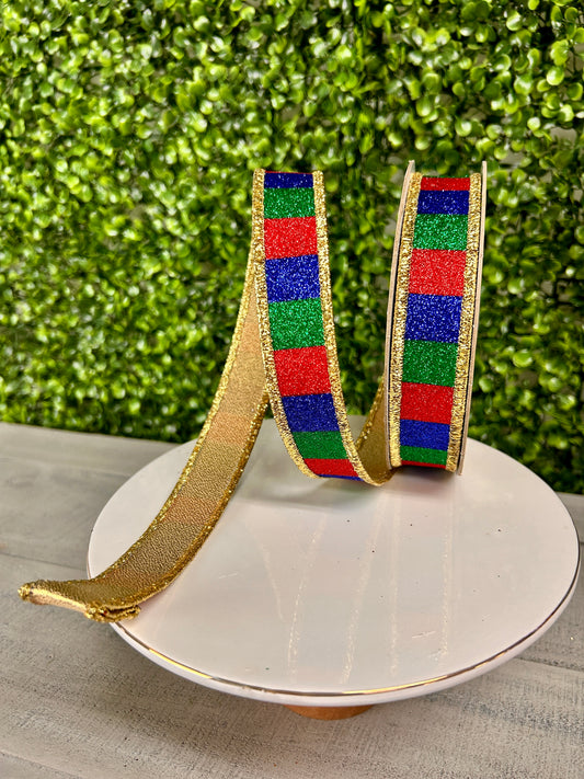 7/8 Inch By 10 Yard Red Emerald And Royal Blue Glitter Striped Fused Ribbon