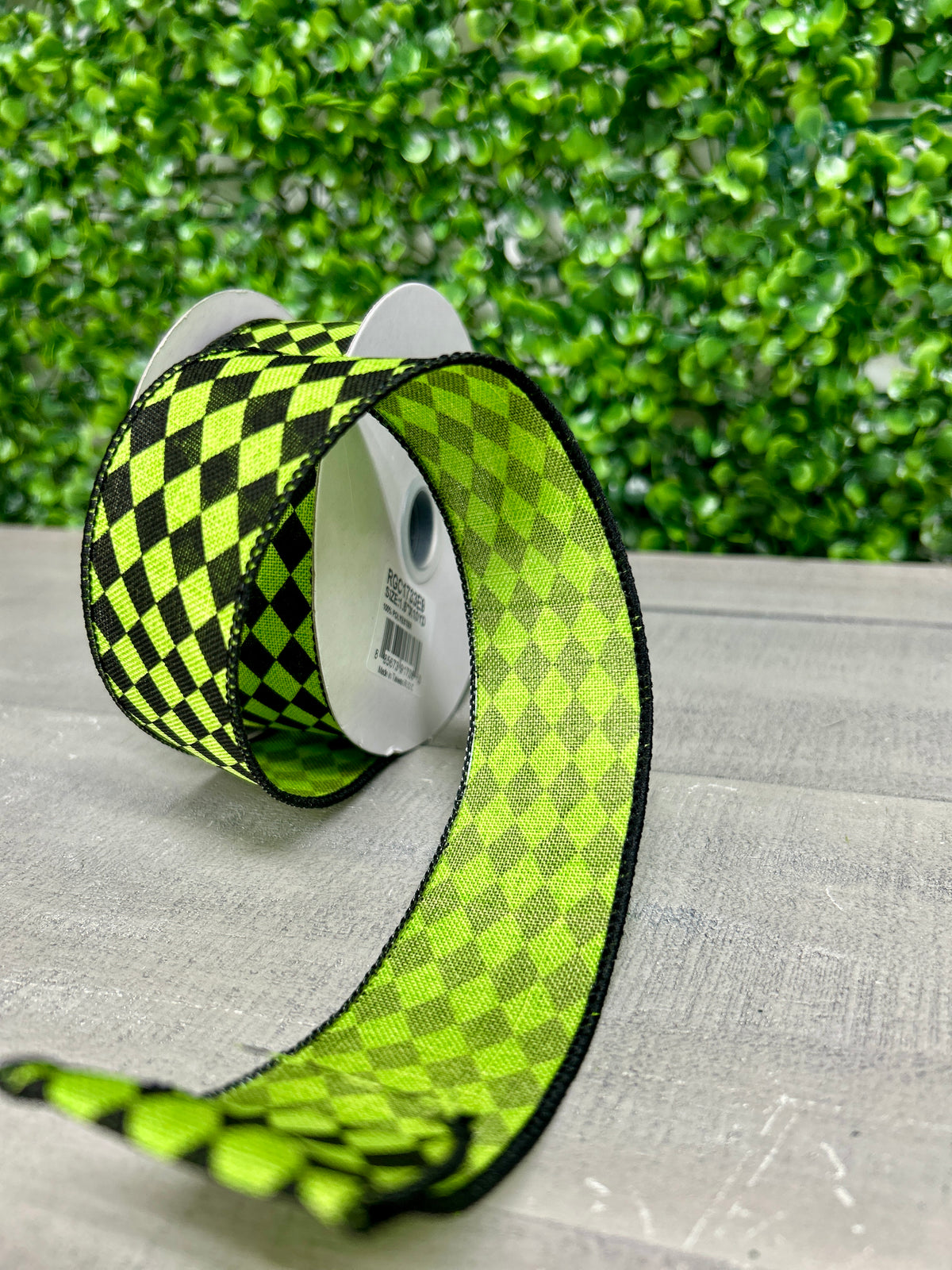 1.5 Inch By 10 Yard Lime Green And Black Small Harlequin On Royal Ribbon