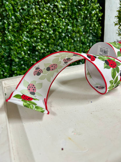 2.5 Inch By 10 Yard Ladybugs On Leaves Ribbon