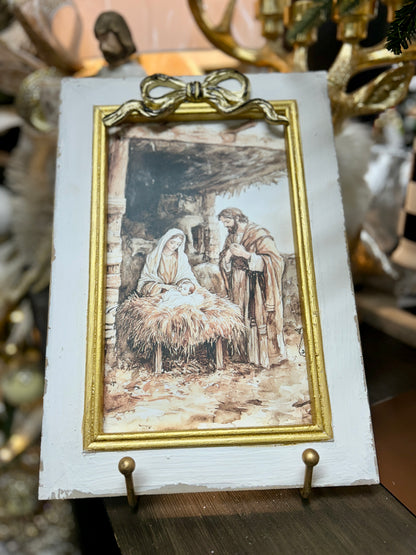 White And Gold Nativity Picture Frame With Bow