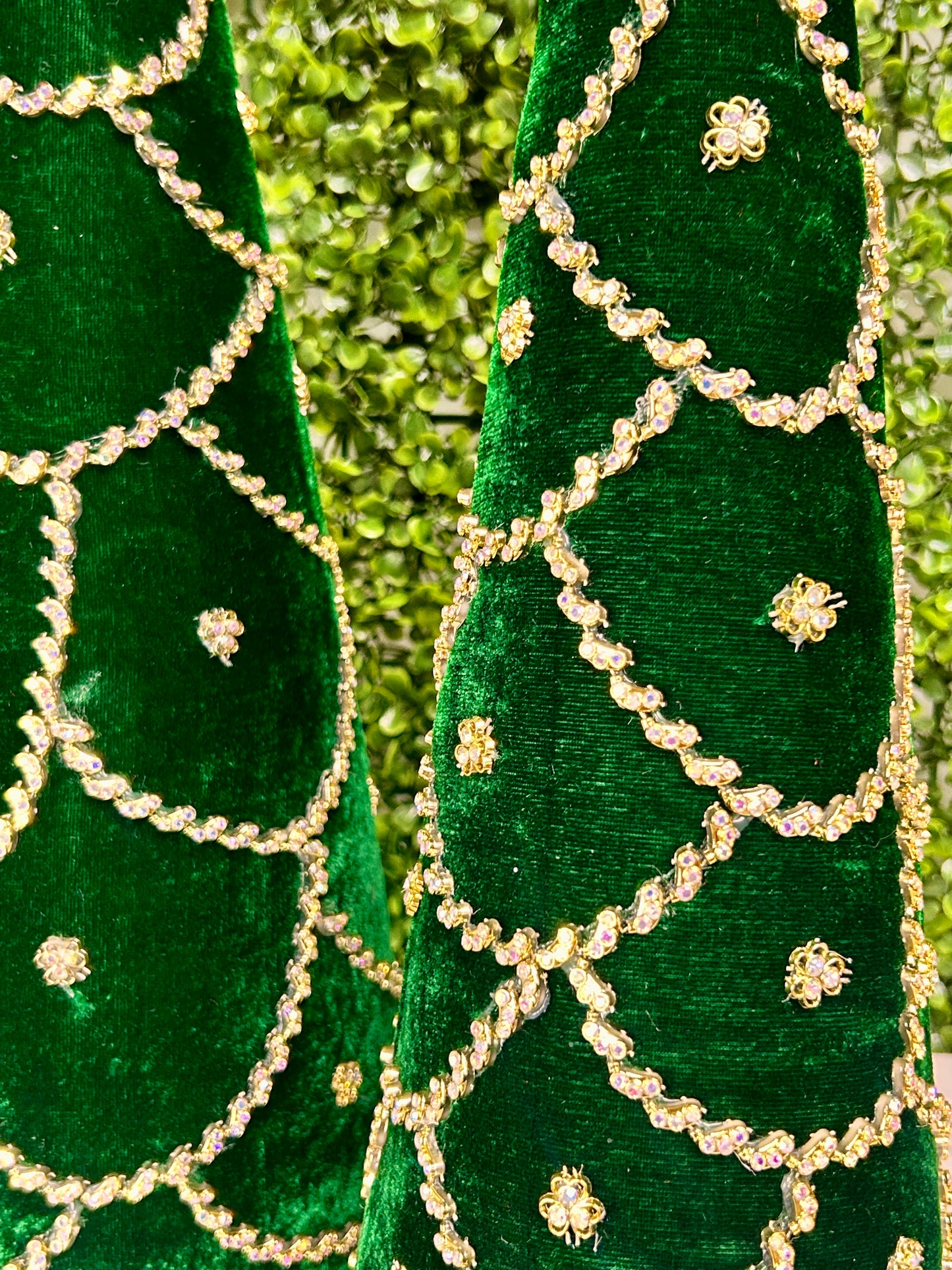 Set Of Two 18 And 24 Inch Emerald Green Jeweled Scalloped Velvet Cone Tree