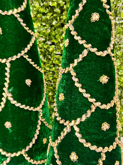 Set Of Two 18 And 24 Inch Emerald Green Jeweled Scalloped Velvet Cone Tree