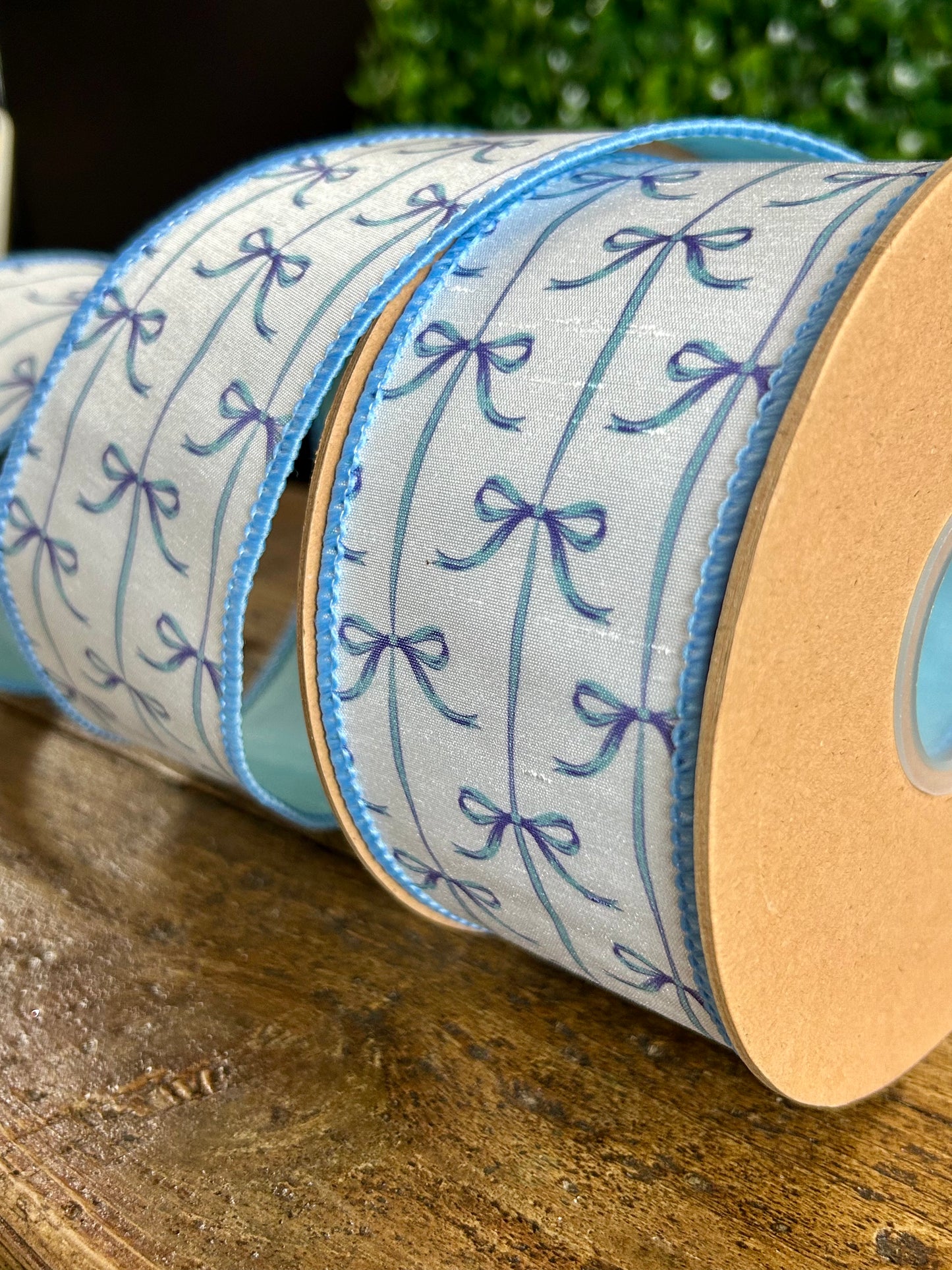 2.5 Inch By 10 Yard Blue Bows On White Dupioni Ribbon