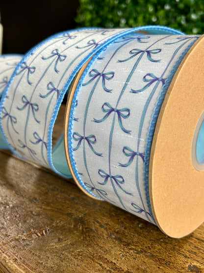 2.5 Inch By 10 Yard Blue Bows On White Dupioni Ribbon