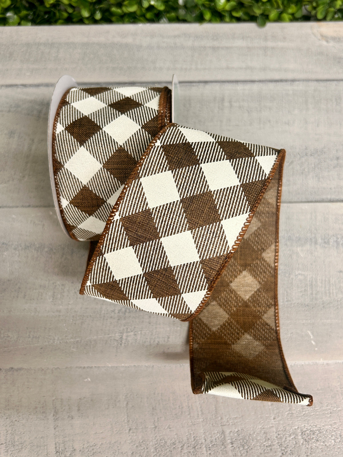 2.5 Inch By 10 Yard Brown And Ivory Diagonal Check On Royal Ribbon