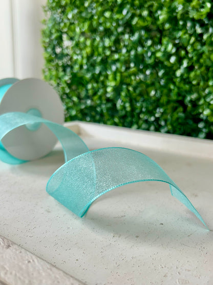 1.5 Inch By 25 Yard Aqua Snow Organza Unwired Ribbon