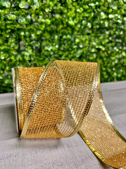 2.5 Inch By 10 Yard Gold Glitter Net With Metallic Edge Ribbon