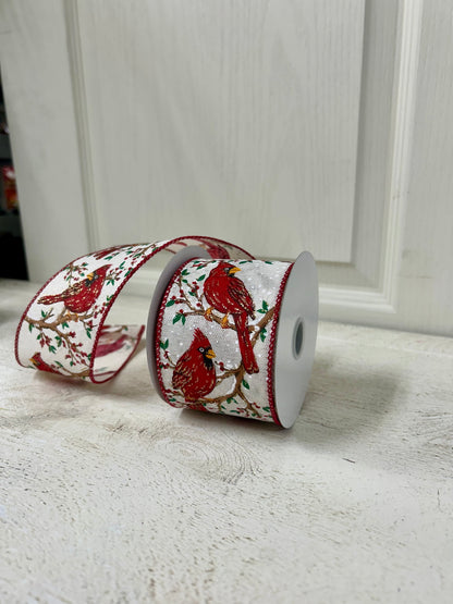 2.5 Inch By 10 Yard Red Cardinal On A Snowy Red Berry Tree With Burlap Background Red Edging Ribbon