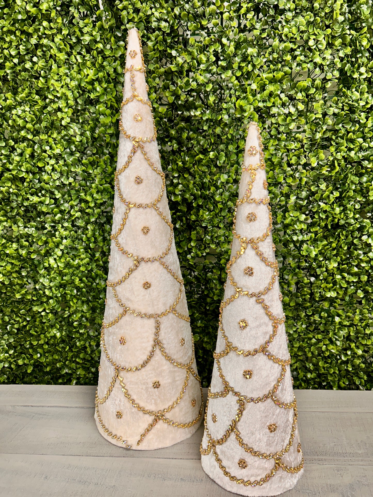 Set Of Two 18 And 24 Inch Ivory Jeweled Scalloped Velvet Cone Tree