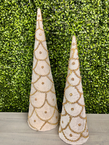 Set Of Two 18 And 24 Inch Ivory Jeweled Scalloped Velvet Cone Tree