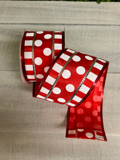 2.5 Inch By 10 Yard Red And White Polka Dot And Stripes Ribbon