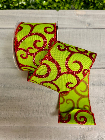 2.5 Inch By 10 Yard Fresh Green And Red Glitter Swirl Ribbon