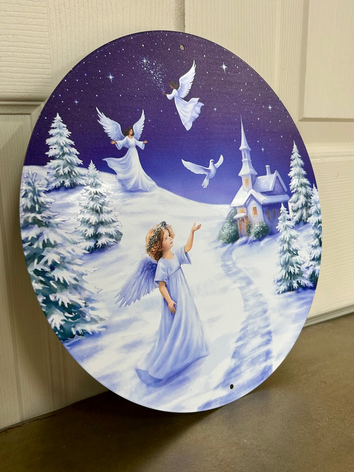 12 Inch White Blue And Green Angel Winter Scene Metal Sign