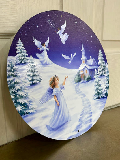 12 Inch White Blue And Green Angel Winter Scene Metal Sign