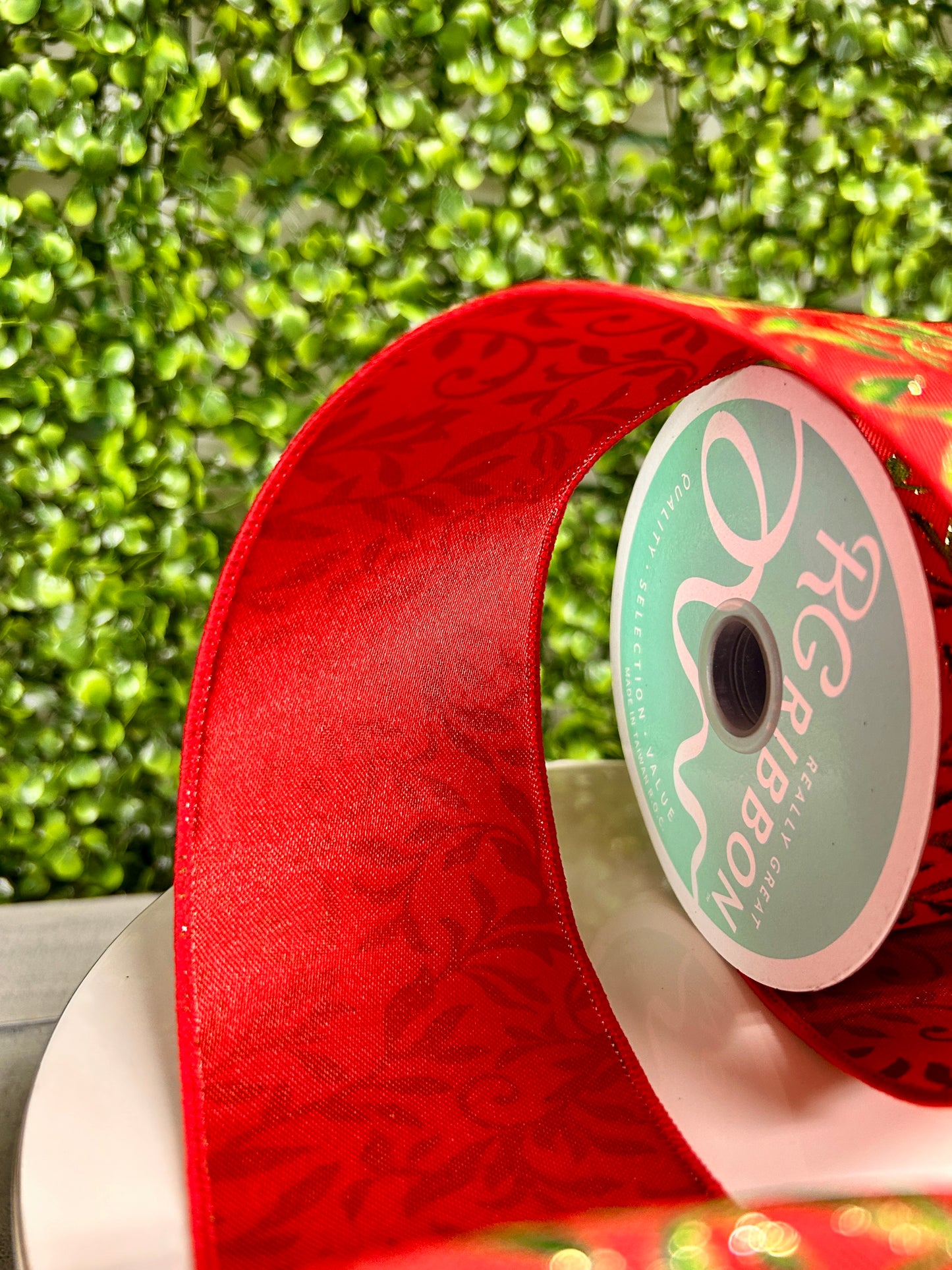 2.5 Inch By 10 Yard Red Green And Gold Tonal Leaves Ribbon