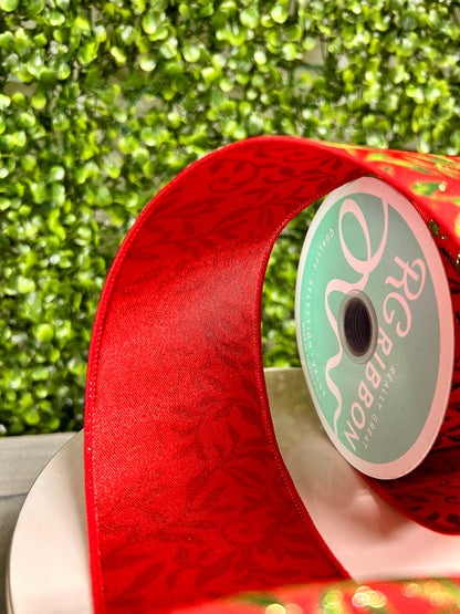 2.5 Inch By 10 Yard Red Green And Gold Tonal Leaves Ribbon