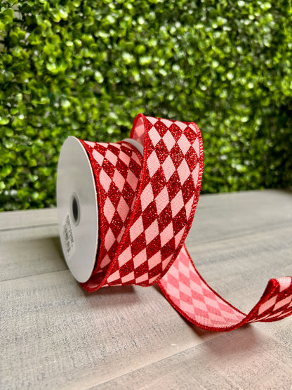1.5 Inch By 10 Yard Rose Pink And Red Glitter Harlequin Ribbon