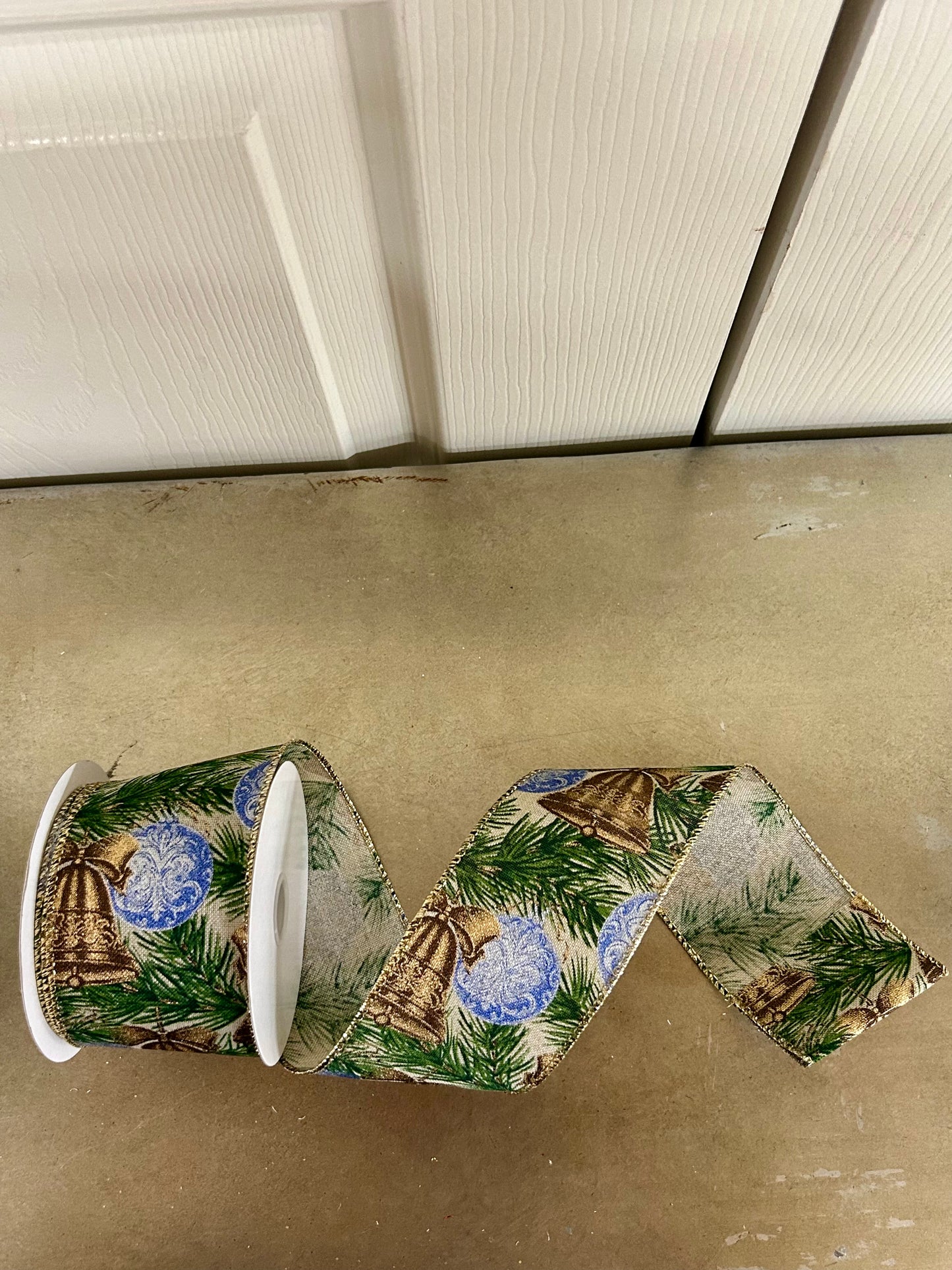 2.5 Inch By 10 Yard Gold Burnished Bells And Dusty Blue Ornaments On Natural Linen Ribbon