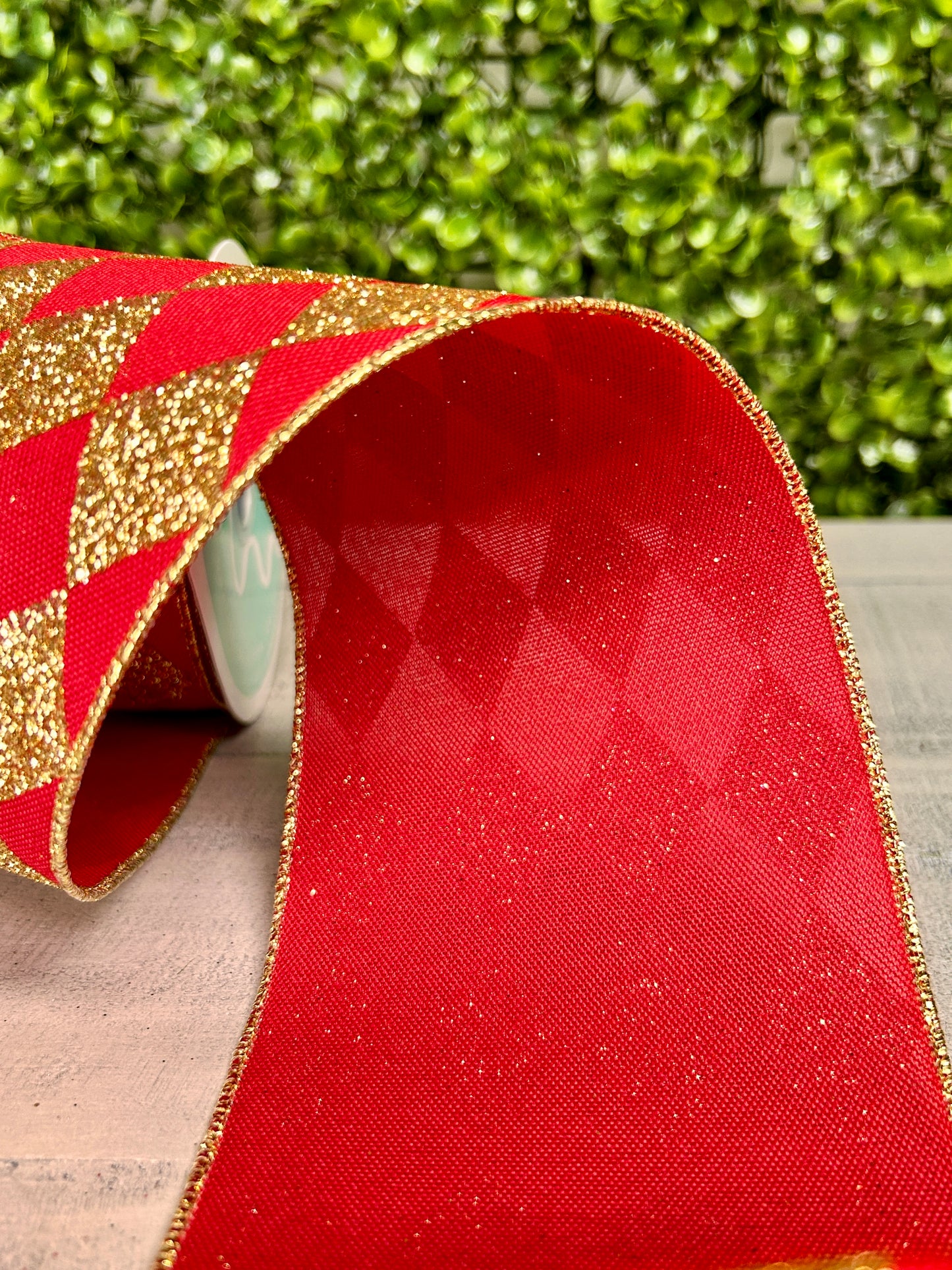 4 Inch By 10 Yard Red And Gold Harlequin Check Ribbon