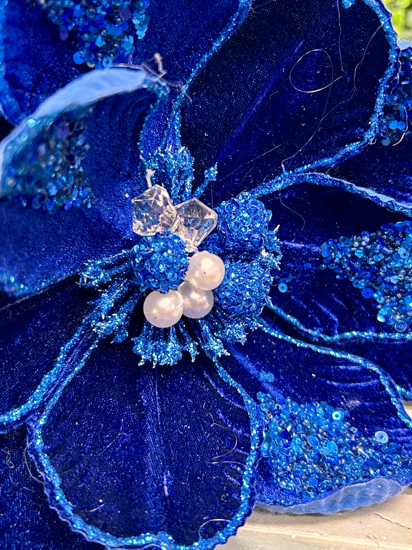 22 Inch Royal Blue Glitter Sequin Bead Magnolia Stem