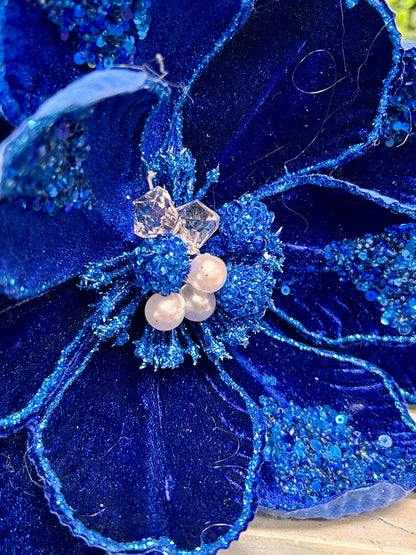 22 Inch Royal Blue Glitter Sequin Bead Magnolia Stem