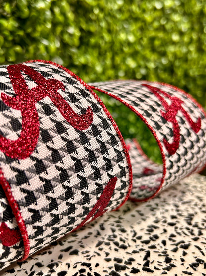 2.5 Inch By 10 Yard Red Glitter A On Houndstooth Ribbon