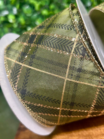 2.5 Inch By 10 Yard Green And Gold Christmas Plaid Ribbon