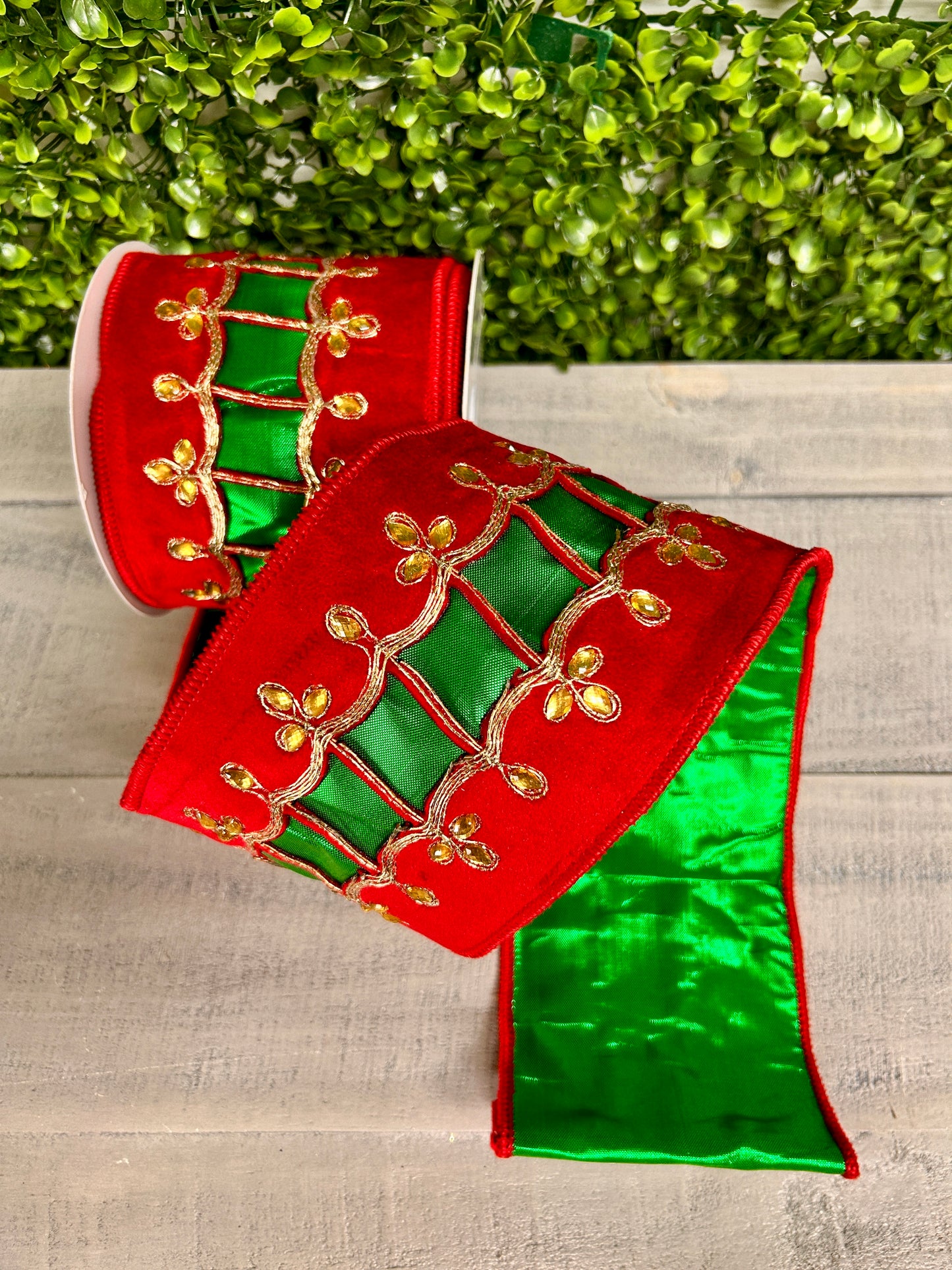 David Christopher 4 Inch By 5 Yard Regal Uniform Jeweled Trim on Red Velvet With Green Back Ribbon
