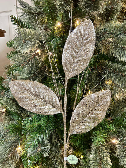 28 Inch Micro Beaded Sequin Magnolia Leaf Spray