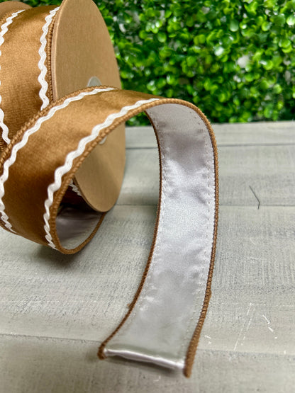 1.5 Inch By 10 Yard Gingerbread Brown White Ric Rac With White Backing Ribbon