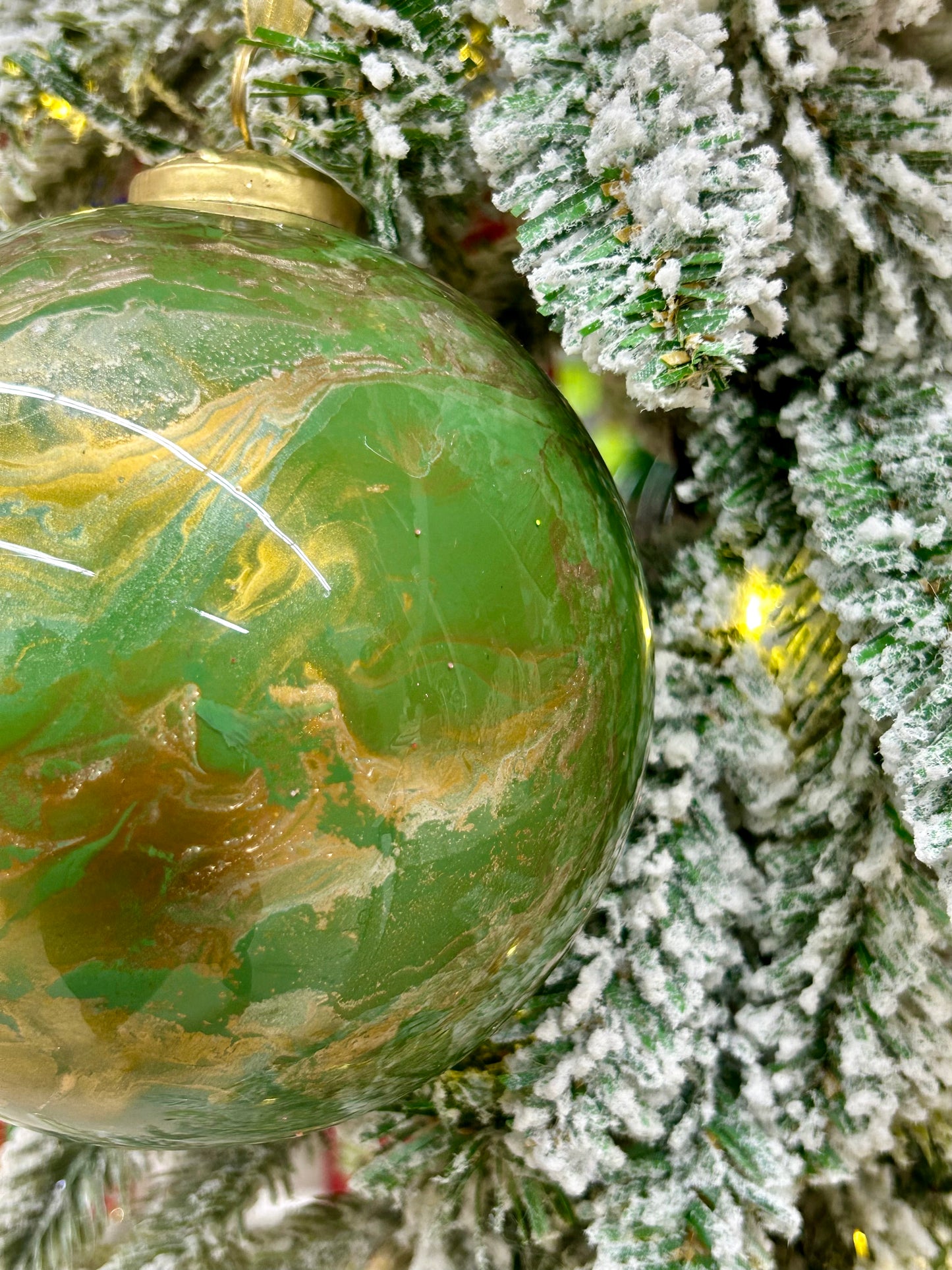 5 Inch Sage Green Gold And White Marble Glass Ball Ornament