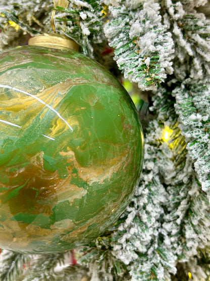 5 Inch Sage Green Gold And White Marble Glass Ball Ornament