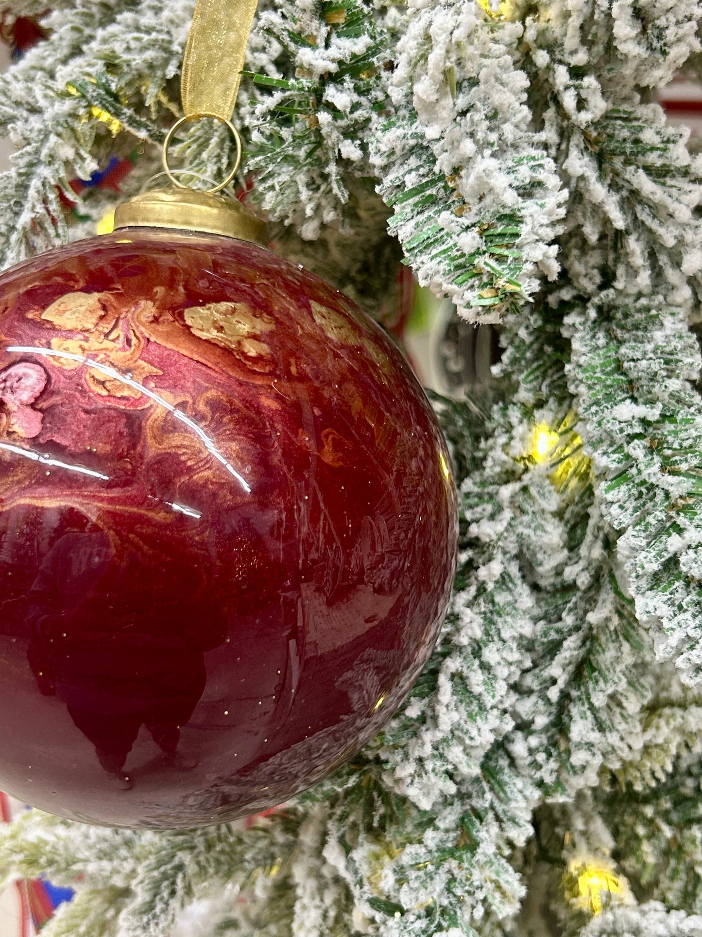 5 Inch Red Gold White Marble Glass Ball Ornament