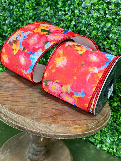 4 Inch By 10 Yard Fuchsia Flowers Colors Deluxe Dupioni Backed Wired Edge Ribbon