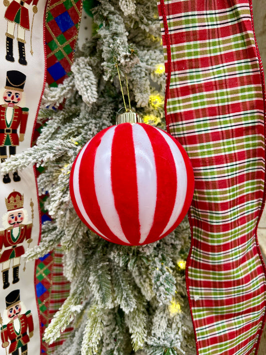 5 Inch Red And White Stripe Ball Ornament