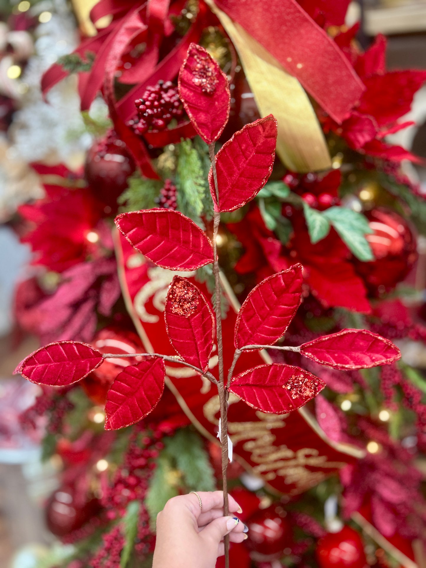 27 Inch Red Velvet And Glitter Magnolia Leaf Spray
