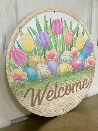 12 Inch Metal Welcome Basket With Eggs Sign