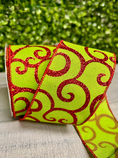 2.5 Inch By 10 Yard Fresh Green And Red Glitter Swirl Ribbon