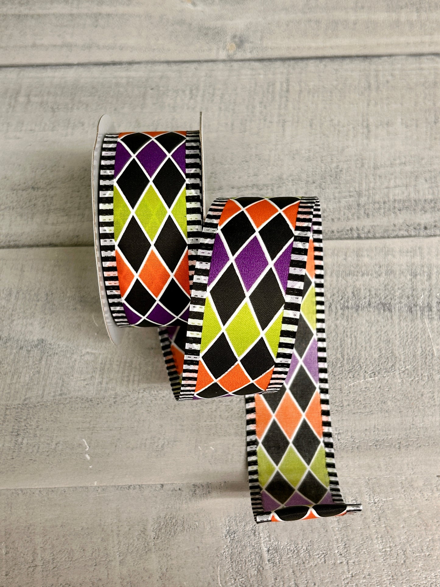 1.5 Inch By 10 Yards Orange Purple Green Black Harlequin Ribbon