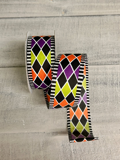 1.5 Inch By 10 Yards Orange Purple Green Black Harlequin Ribbon