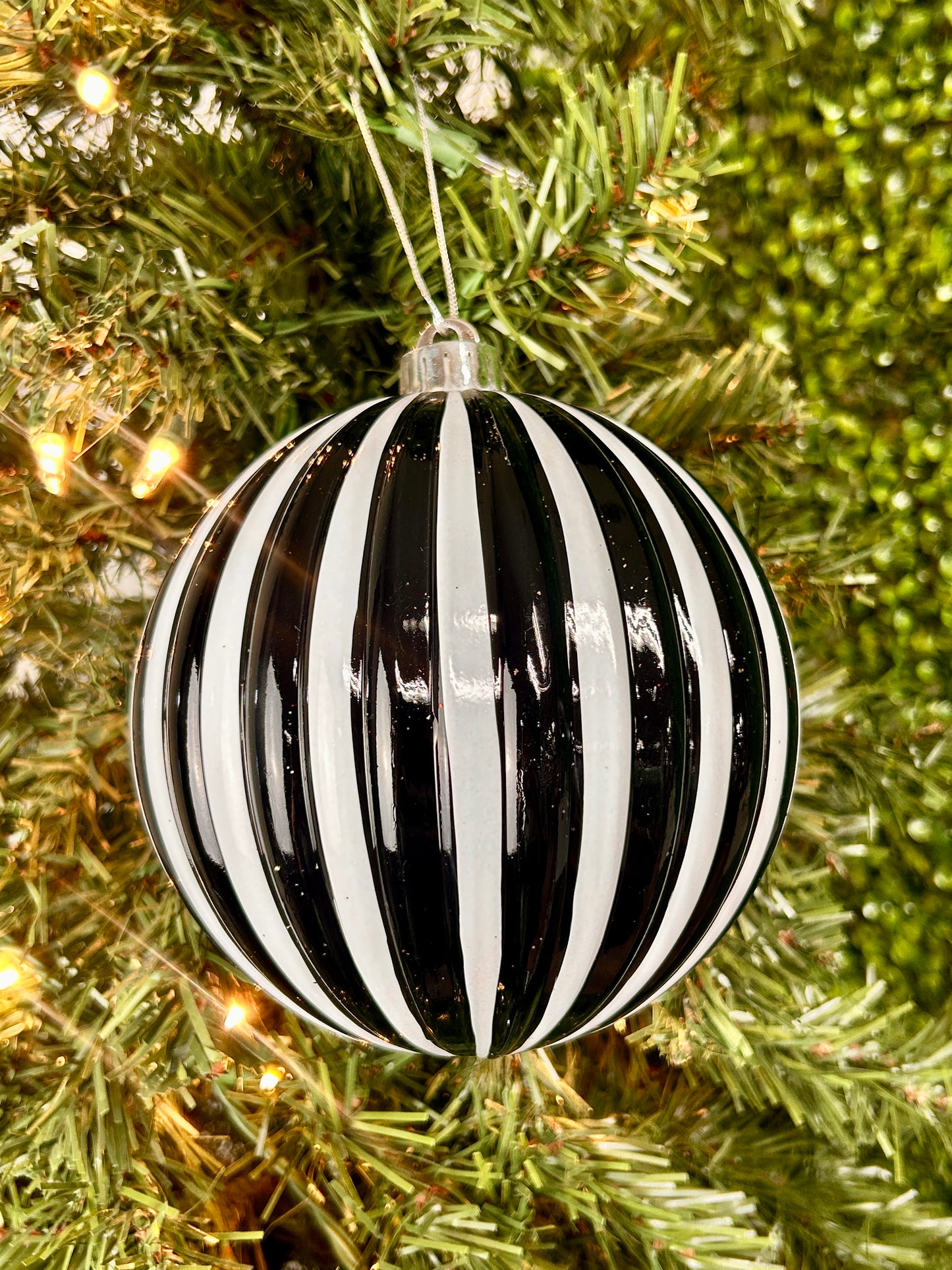 6 Inch Black And White Vertical Striped Ball Ornament