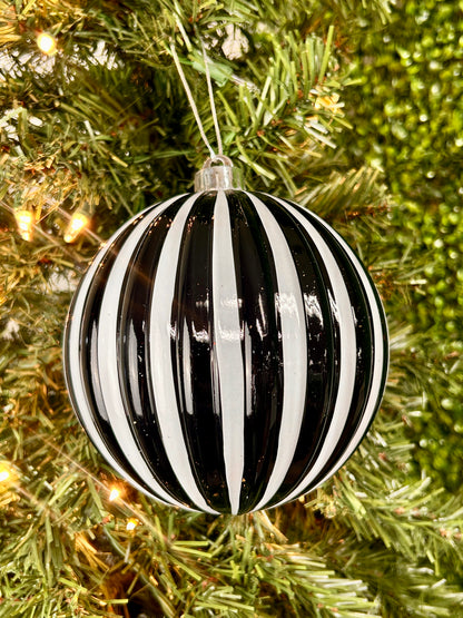 6 Inch Black And White Vertical Striped Ball Ornament