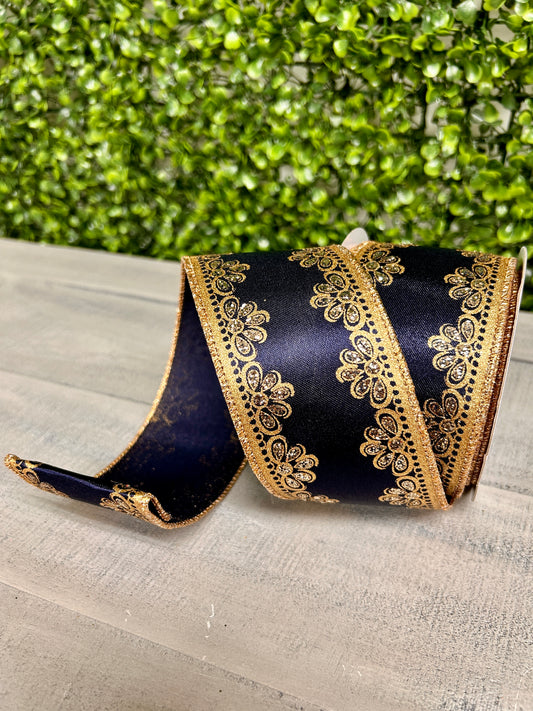 2.5 Inch By 10 Yard Navy Gold And Champagne Lux Scallop Trim Ribbon