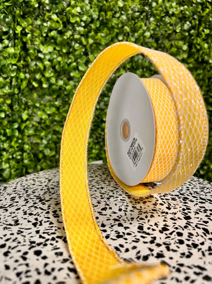 7/8 Inch By 10 Yard Yellow And White Mini Harlequin Glitter Ribbon
