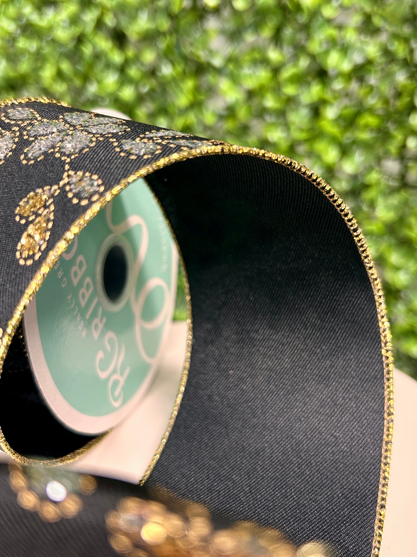 2.5 Inch By 10 Yard Gold Leaves With Silver Flowers Ribbon