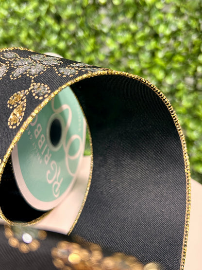 2.5 Inch By 10 Yard Gold Leaves With Silver Flowers Ribbon